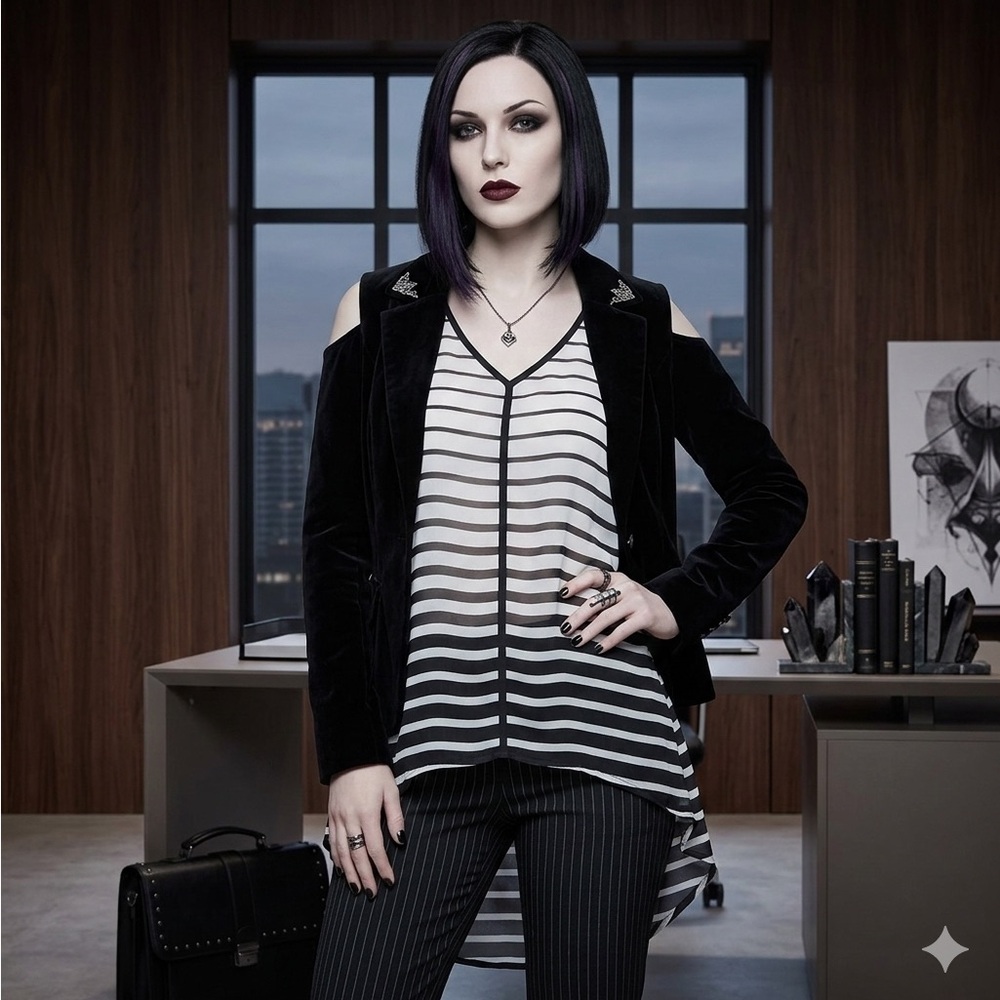 ANA Office Goth Sheer Black White Ombre Stripe Split Shoulder Tunic Top XS